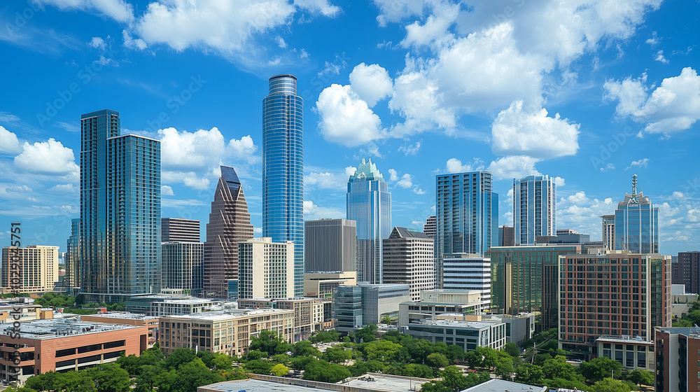 Naklejka premium Centrum miasta ukazuje szereg imponujących budynków i luksusowych wieżowców, które wznoszą się dumnie pod błękitnym niebem.