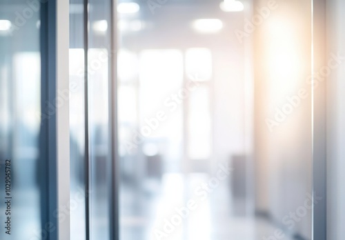 Blurred image of a modern office corridor with soft light and glass reflections.