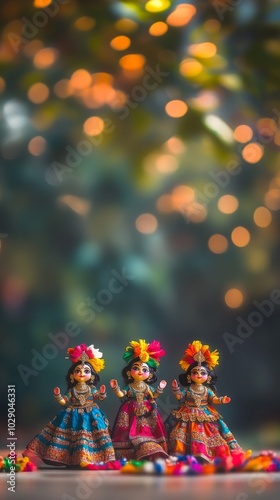 An empty scene featuring a cluster of traditional Karnataka dolls dressed in colorful attire, with the state flag colors incorporated, creating an ideal product 