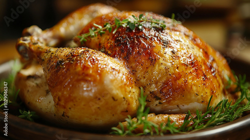 Oven-roasted chicken with golden skin and herbs photo