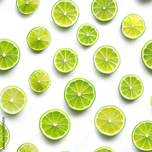 Green slices of ripe lime on white background. Geometric seamless pattern for print, textile, fabric and wallpaper. Good harvest, exotic fruits