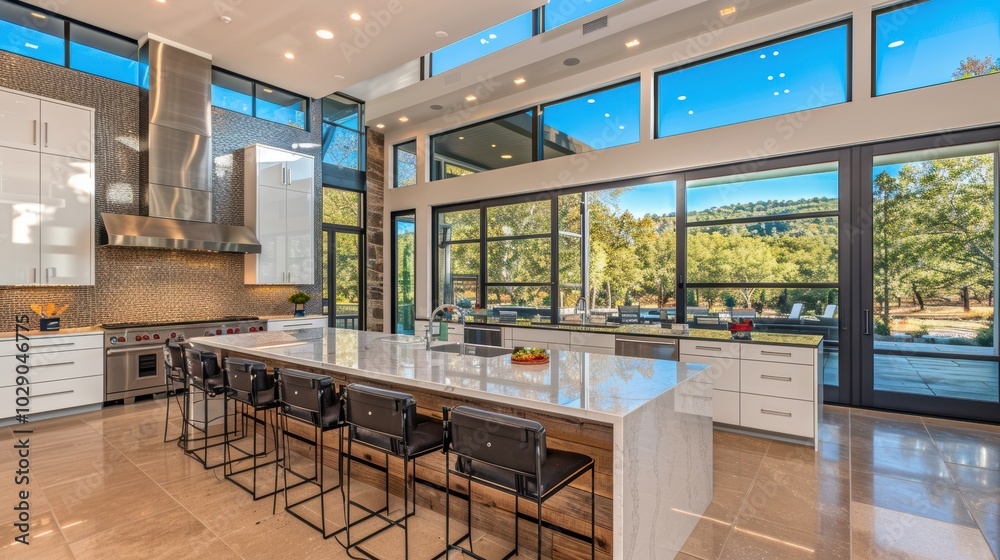 A spacious, modern kitchen with floor-to-ceiling windows, featuring a large central island, sleek appliances, and a scenic view of a lush outdoor landscape A spacious, modern kitchen with floor-to-ceiling windows, featuring a large central island, sleek appliances, and a scenic view of a lush outdoor landscape