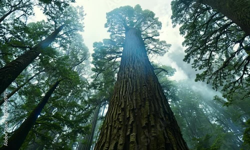 Majestic redwood tree reaching towards misty sky evokes awe.