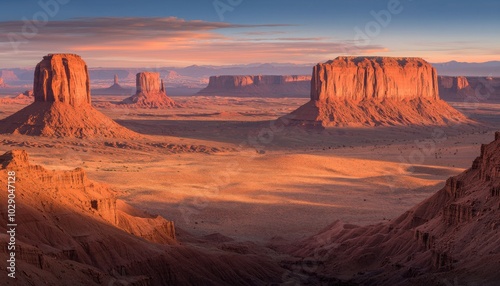 A stunning desert landscape featuring iconic rock formations under a colorful sky at sunset.