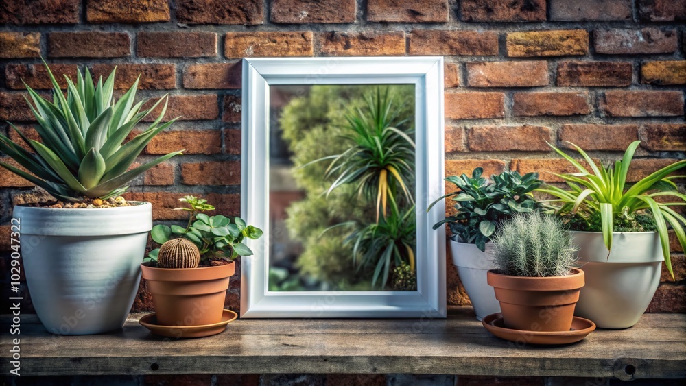 Minimalist White Frame on Brick Wall with Potted Plants - Creative Decor Idea Minimalist White Frame on Brick Wall with Potted Plants - Creative Decor Idea