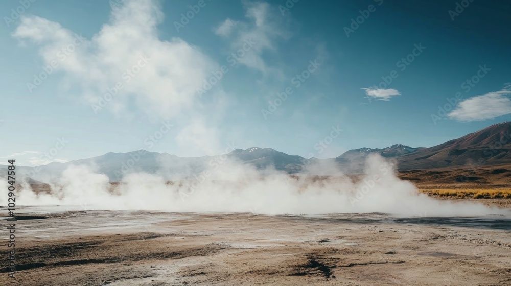 A large plume of steam rises from a geyser in a desolate, mountainous landscape. A large plume of steam rises from a geyser in a desolate, mountainous landscape.