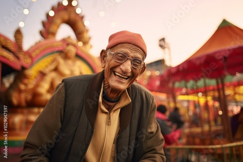 Portrait of a smiling indian elderly man in his 90s dressed in a comfy fleece pullover in vibrant amusement park