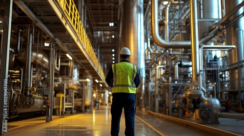 Worker inspecting machinery in a modern industrial facility. photo