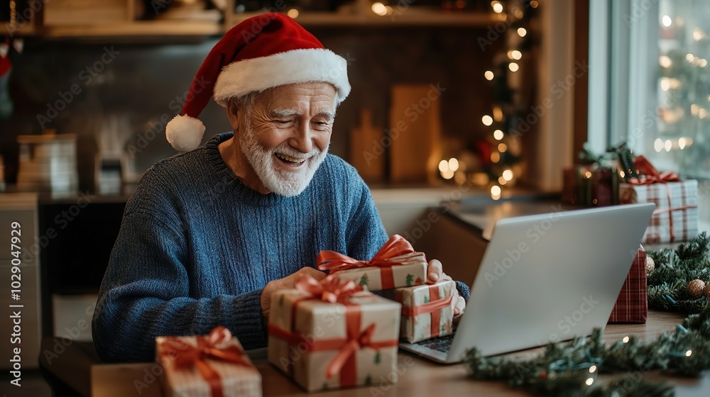 Elderly man with Santa hat video calling during Christmas Elderly man with Santa hat video calling during Christmas