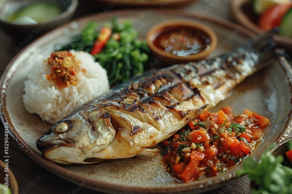 Grilled fish with rice, vegetables and chili sauce on a plate. Grilled fish with rice, vegetables and chili sauce on a plate.