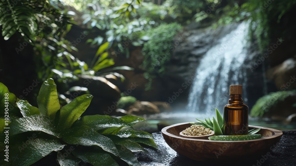 Serene natural setting with a waterfall, lush greenery, and a wooden bowl containing a bottle and natural ingredients Serene natural setting with a waterfall, lush greenery, and a wooden bowl containing a bottle and natural ingredients