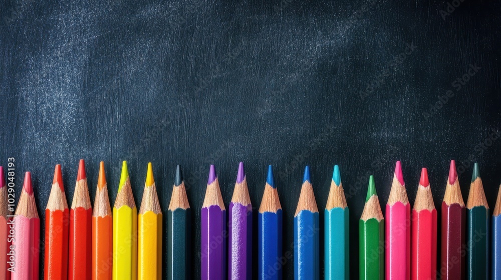 Row of colored pencils aligned at the bottom edge on a blackboard background Row of colored pencils aligned at the bottom edge on a blackboard background