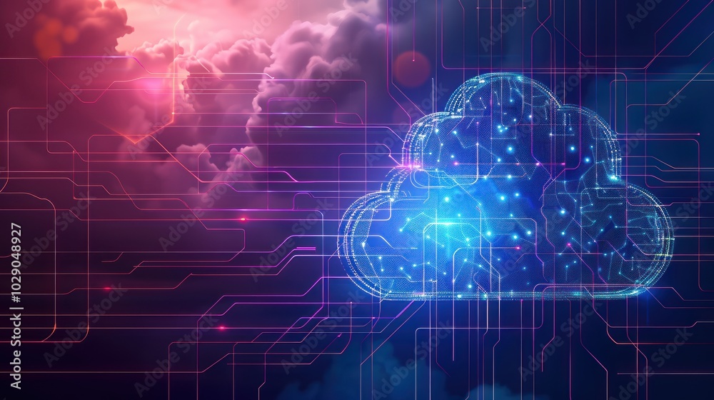 Cloud computing concept with digital network connections over a purple and blue cloudscape background. Concept of technology, data storage, and futuristic connectivity. Cloud computing concept with digital network connections over a purple and blue cloudscape background. Concept of technology, data storage, and futuristic connectivity.