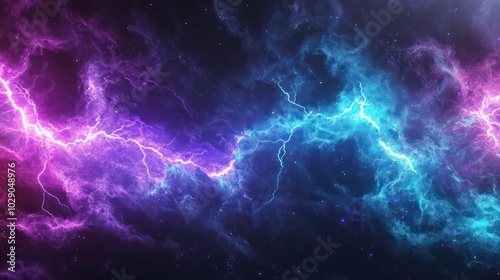 Abstract background with blue and purple lightning bolts on a black background with twinkling lights.