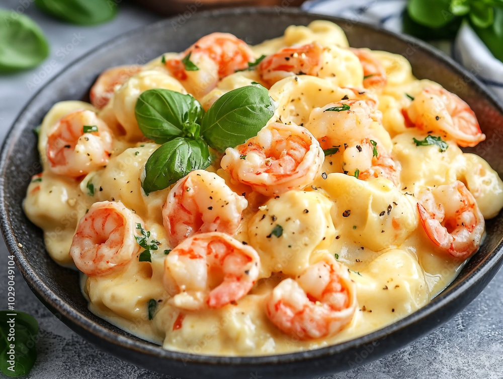 A mouthwatering plate of Shrimp Tortellini Alfredo, featuring tender shrimp tossed in a creamy, cheesy alfredo sauce with delicate tortellini pasta. A mouthwatering plate of Shrimp Tortellini Alfredo, featuring tender shrimp tossed in a creamy, cheesy alfredo sauce with delicate tortellini pasta.