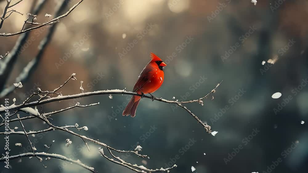 Bright red cardinal on a branch in a winter forest Bright red cardinal on a branch in a winter forest