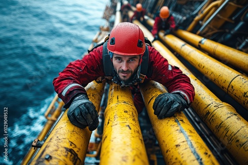 Brave Offshore Worker Climbing on Oil Rig Pipes at Sea photo