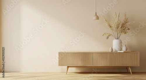A minimalist room with a wooden sideboard, modern decor, and neutral tones.
