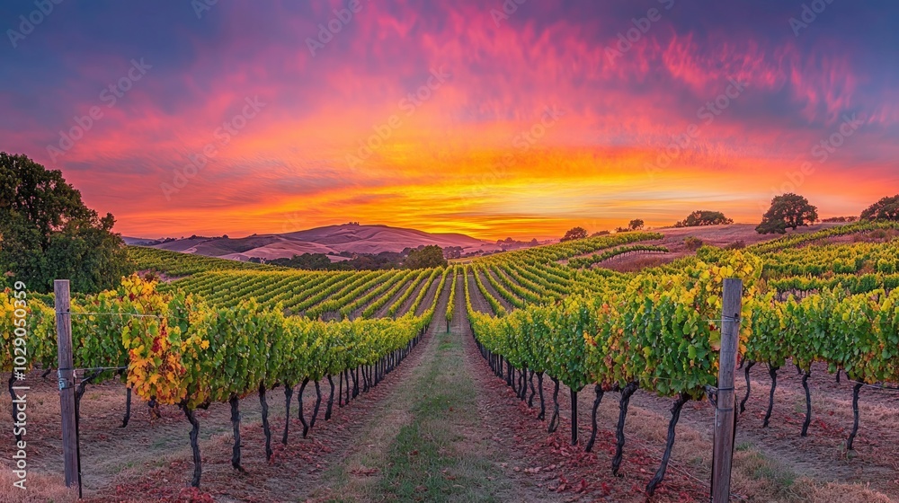 Fototapeta premium Sunset Over Vineyard, expansive view of lush grapevines stretching across rolling hills, warm golden hues illuminating the landscape, capturing the essence of winemaking heritage