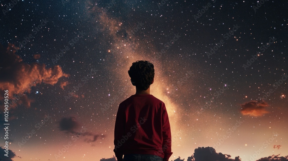 Young prince looking at the stars, reflecting on life mysteries, set against a backdrop of a vast, starry sky