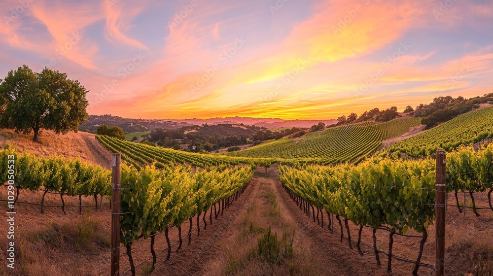 Sunset Over Vineyard, panoramic view of lush grapevines stretching across rolling hills, warm colors of dusk highlighting the beauty and heritage of winemaking traditions Sunset Over Vineyard, panoramic view of lush grapevines stretching across rolling hills, warm colors of dusk highlighting the beauty and heritage of winemaking traditions