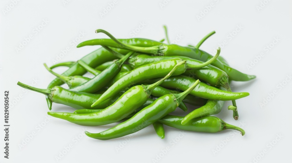 A Pile of Green Chili Peppers on a White Background A Pile of Green Chili Peppers on a White Background