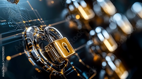 Golden Padlock on Circuit Board Background