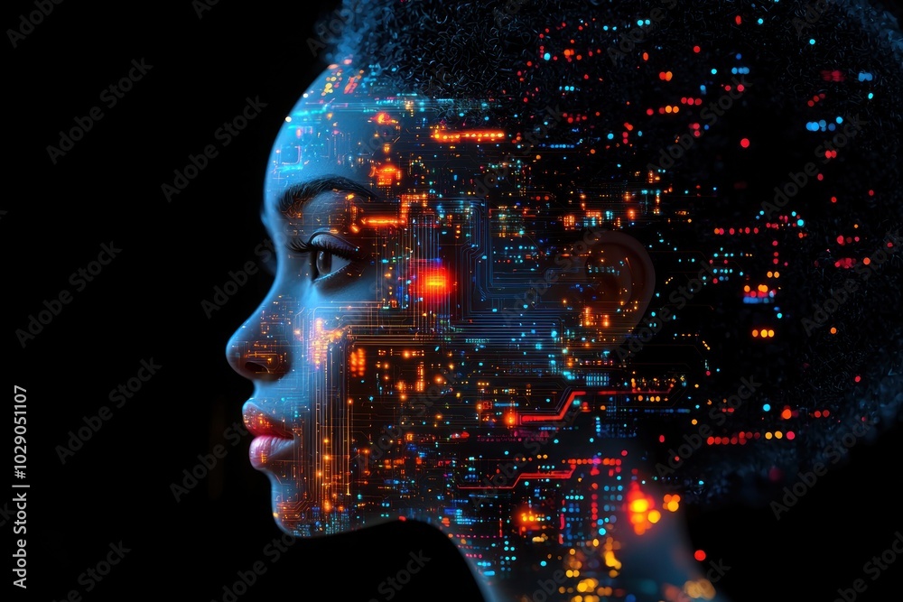 Profile of a woman with digital circuit patterns integrated into her face, symbolizing the fusion of humanity and artificial intelligence Generative AI Profile of a woman with digital circuit patterns integrated into her face, symbolizing the fusion of humanity and artificial intelligence Generative AI