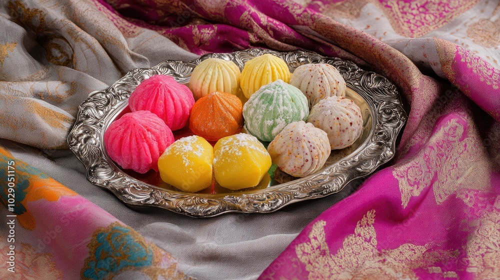 Assorted Indian sweets, including modak and laddu, on a silver tray ...
