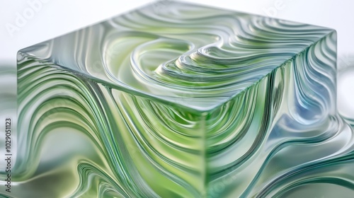 3d render abstract art of surreal 3d cube or box in curve wavy organic biological lines forms in transparent rubber plastic material with multi layer effect in green and blue color gradient  photo