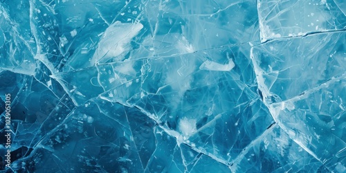 Cracked blue ice surface with visible fissures and transparent layers. Concept of winter nature, cold climate, and frozen texture design.