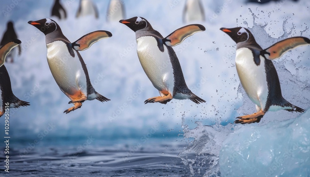 Fototapeta premium A sequence of jumping penguins captured mid-leap against an icy backdrop, showcasing their playful nature.