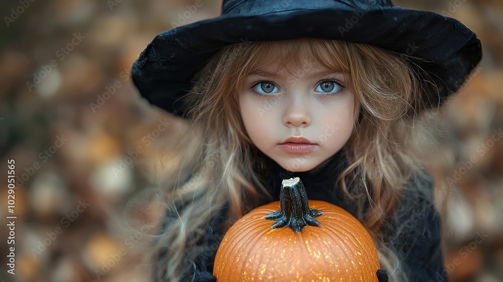Serious little girl in a black witch hat holding a pumpkin in an autumn forest with fallen leaves Generative AI Serious little girl in a black witch hat holding a pumpkin in an autumn forest with fallen leaves Generative AI