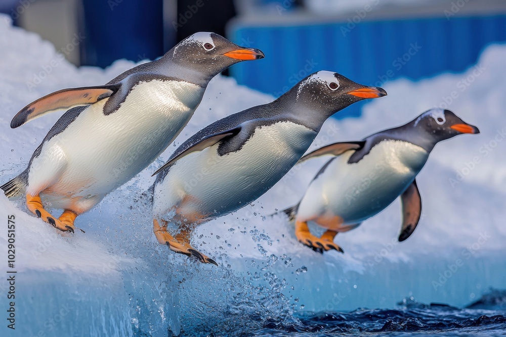 Fototapeta premium Three penguins leap from an icy ledge into the water, showcasing their playful nature and agility in a stunning arctic environment.