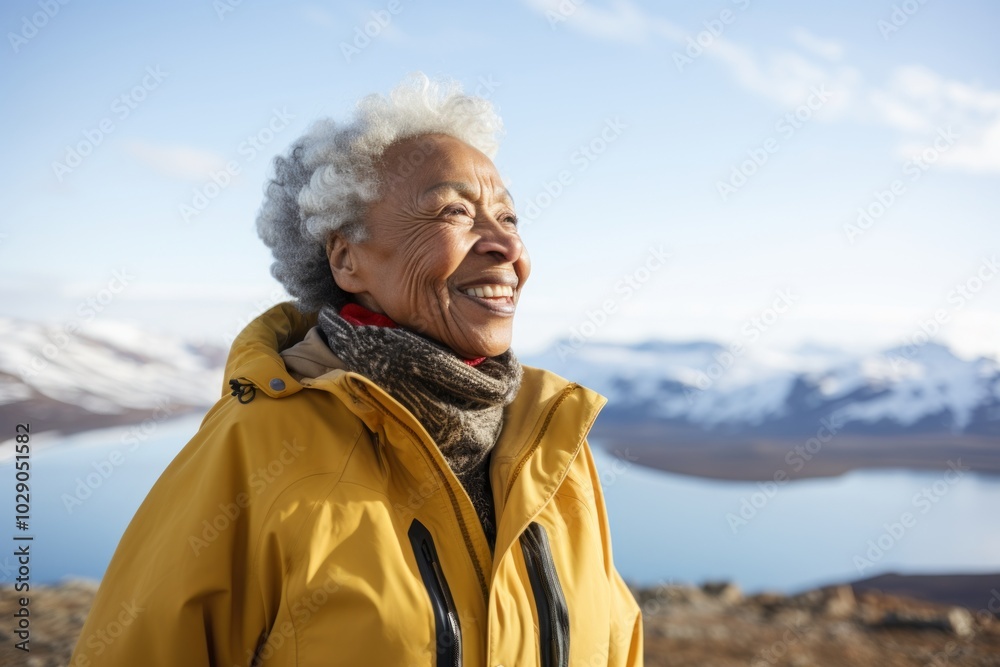 Portrait of a blissful afro-american elderly woman in her 90s sporting a technical climbing shirt isolated in backdrop of an arctic landscape Portrait of a blissful afro-american elderly woman in her 90s sporting a technical climbing shirt isolated in backdrop of an arctic landscape