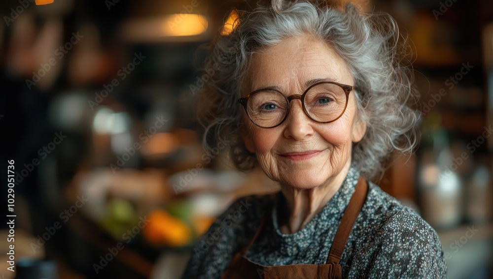 Elderly woman with curly gray hair and glasses smiling warmly in a cozy kitchen environment Generative AI Elderly woman with curly gray hair and glasses smiling warmly in a cozy kitchen environment Generative AI