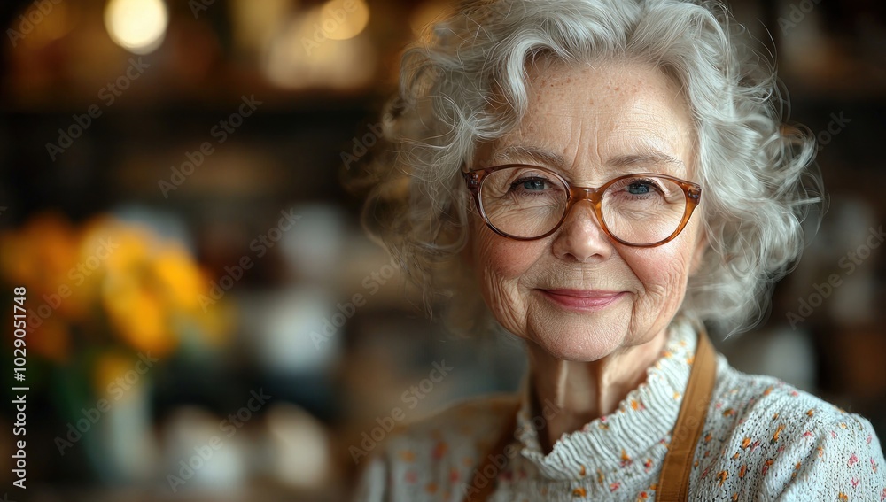 Elderly woman with curly gray hair and glasses smiling warmly in a cozy kitchen environment Generative AI Elderly woman with curly gray hair and glasses smiling warmly in a cozy kitchen environment Generative AI
