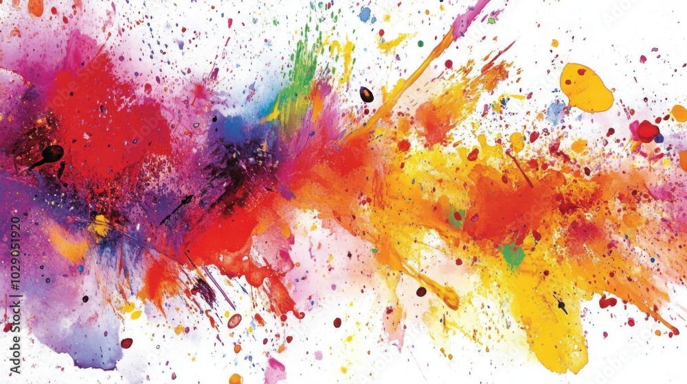 Fototapeta premium A bright and colorful ink splatter in various vibrant hues, abstractly shaped across a white background
