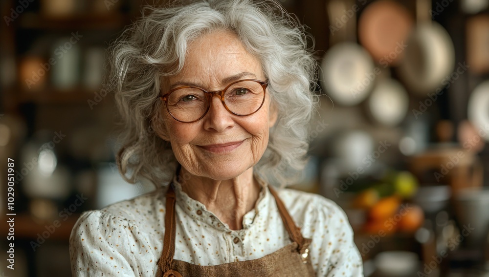 Elderly woman with curly gray hair and glasses smiling warmly in a cozy kitchen environment Generative AI Elderly woman with curly gray hair and glasses smiling warmly in a cozy kitchen environment Generative AI