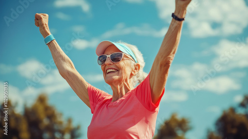  elderly woman in sportswear celebrates her victory in the marathon 