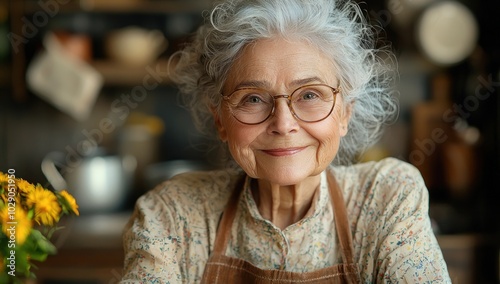 Elderly woman with curly gray hair and glasses smiling warmly in a cozy kitchen environment Generative AI