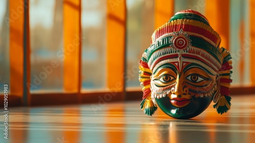 An empty scene featuring a colorful Karnataka folk dance mask set against a simple backdrop, with the stateâ€™s flag colors subtly integrated, 