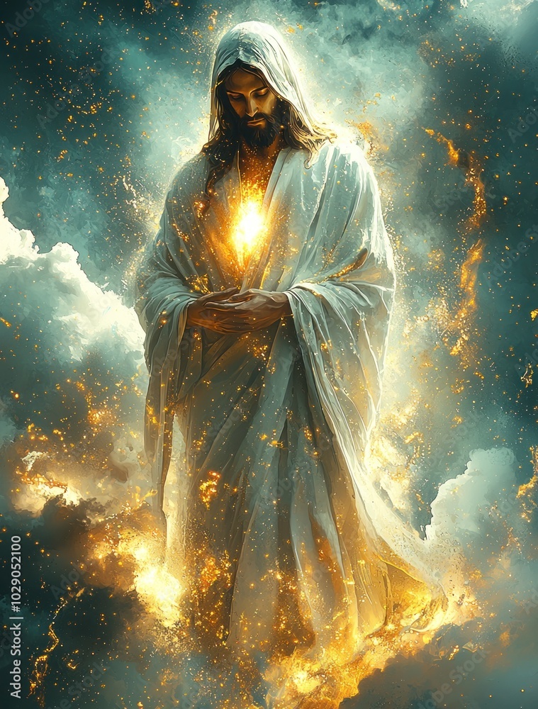 Portrait of a divine figure with a glowing halo, draped in white and gold robes, radiating light and serenity Generative AI Portrait of a divine figure with a glowing halo, draped in white and gold robes, radiating light and serenity Generative AI