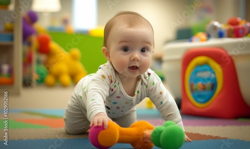 Baby playing with toys on colorful mat.