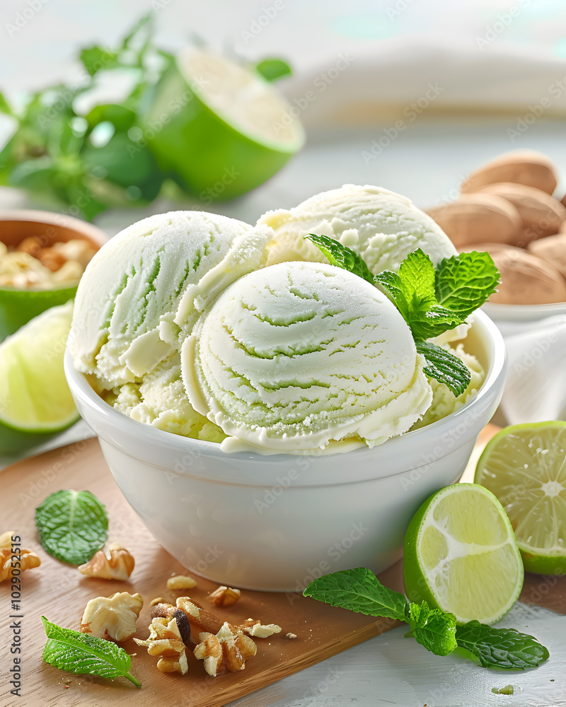 One scoop Caipirinha Sorbet ice cream, in a white ice cream dish, on a Walnut Wood background. One scoop Caipirinha Sorbet ice cream, in a white ice cream dish, on a Walnut Wood background.