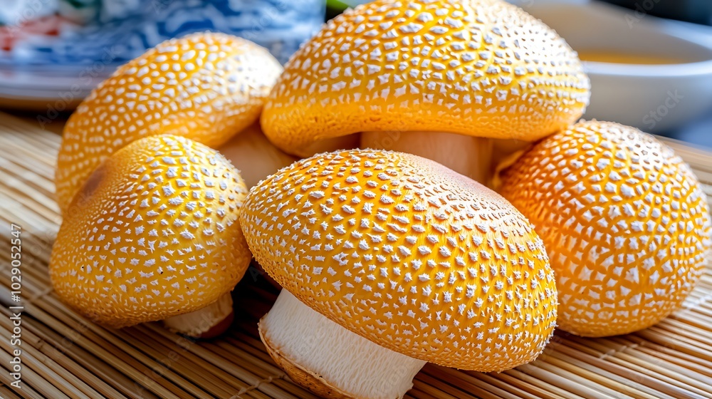Yellow Mushrooms with White Spots on Bamboo Mat Yellow Mushrooms with White Spots on Bamboo Mat