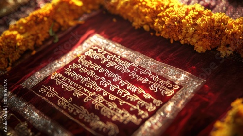 Bhagavad Gita with beautifully scribed Sanskrit text on a red velvet cloth, adorned with marigold flowers and sacred symbols.