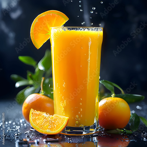 glass of fresh orange juice and fresh oranges 