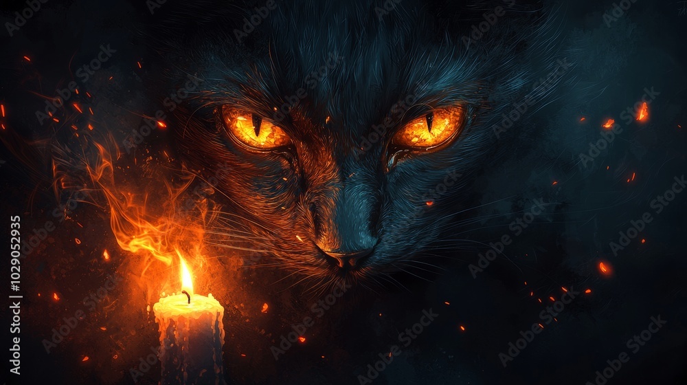 Fototapeta premium Black Cat with Burning Eyes and Candle