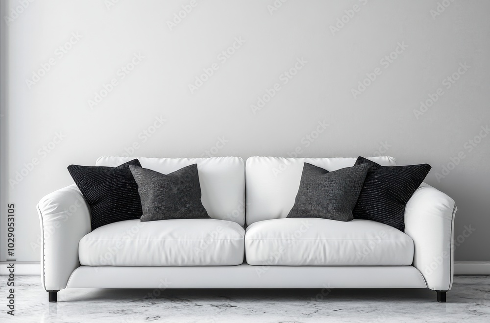 Modern white sofa with black and grey pillows in minimalist living room setting Modern white sofa with black and grey pillows in minimalist living room setting
